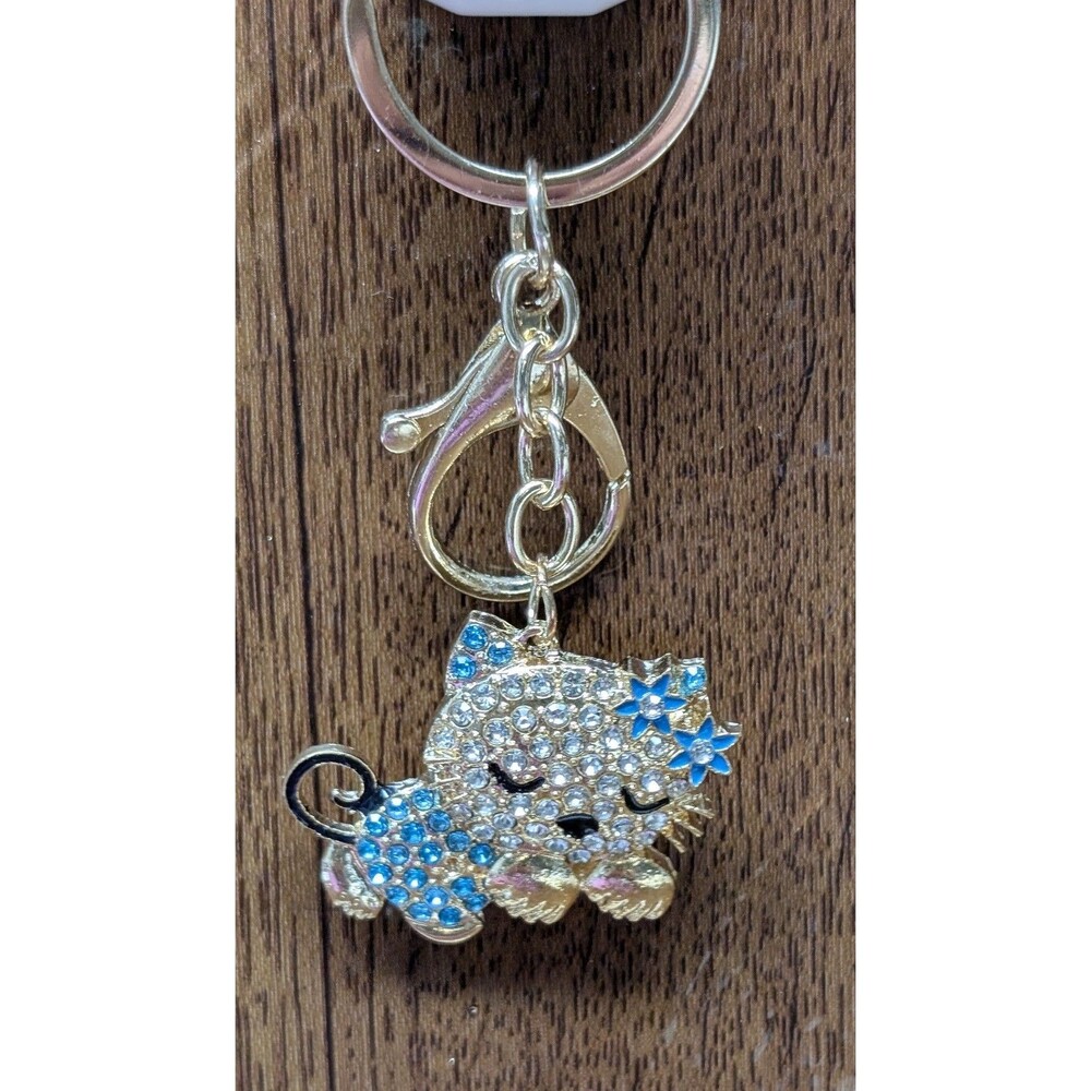 UP Crystal Collection Gold & Blue Rhinestone Kitty Purse Charm  Cute Gift Access